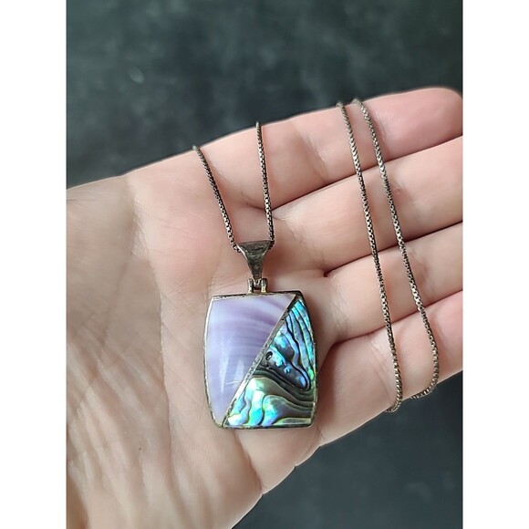 925 Sterling Abalone Shell And Purple Stone Rectangular Pendant Necklace Vintage - Picture 1 of 10